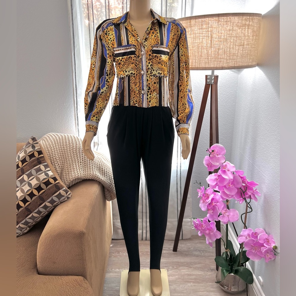 Stirrup Vintage Cache Animal Print Long Sleeve Pleated Front Jumpsuit Size 4
